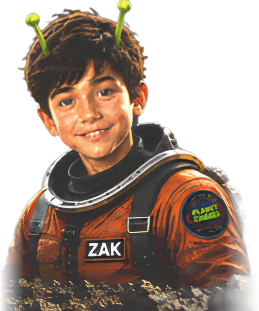 Zak, a young Martian with green antennae in an orange space suit with a ZAK name patch